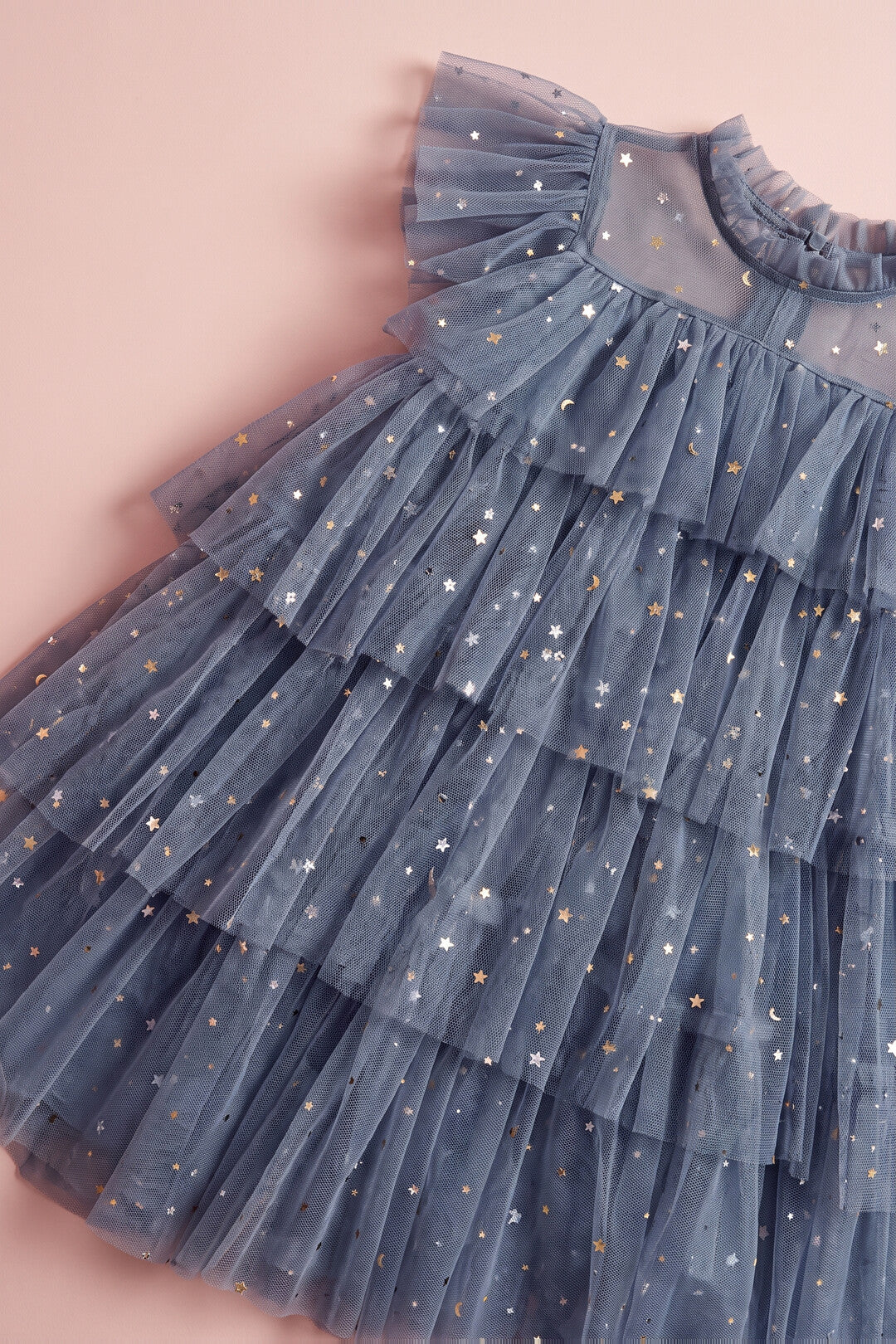 Celeste Dress dusty blue fabric detail, star and moon sequins