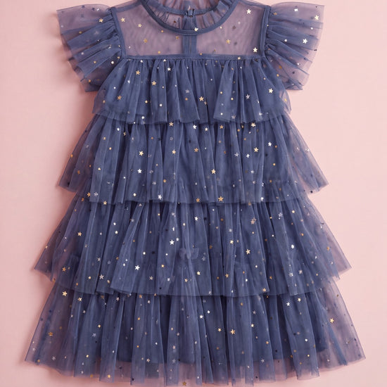 Celeste Dress denim blue tiered tulle, gold and silver star sequins