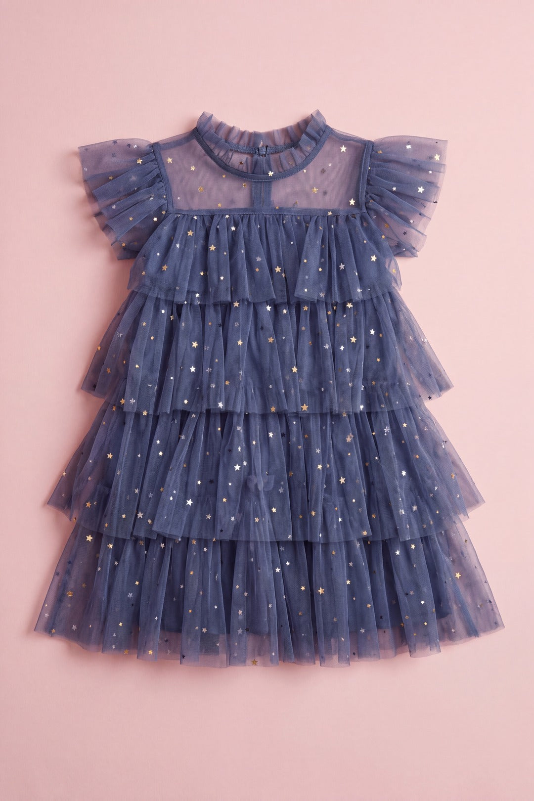 Celeste Dress denim blue tiered tulle, gold and silver star sequins