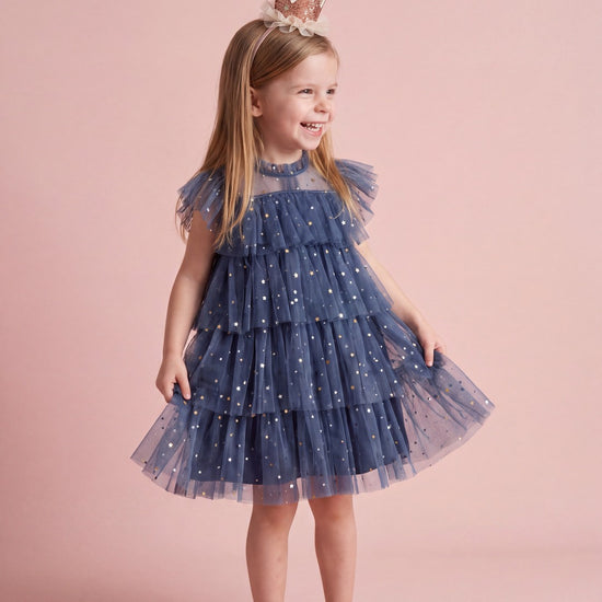 Celeste Dress in denim blue, three quarter twirl