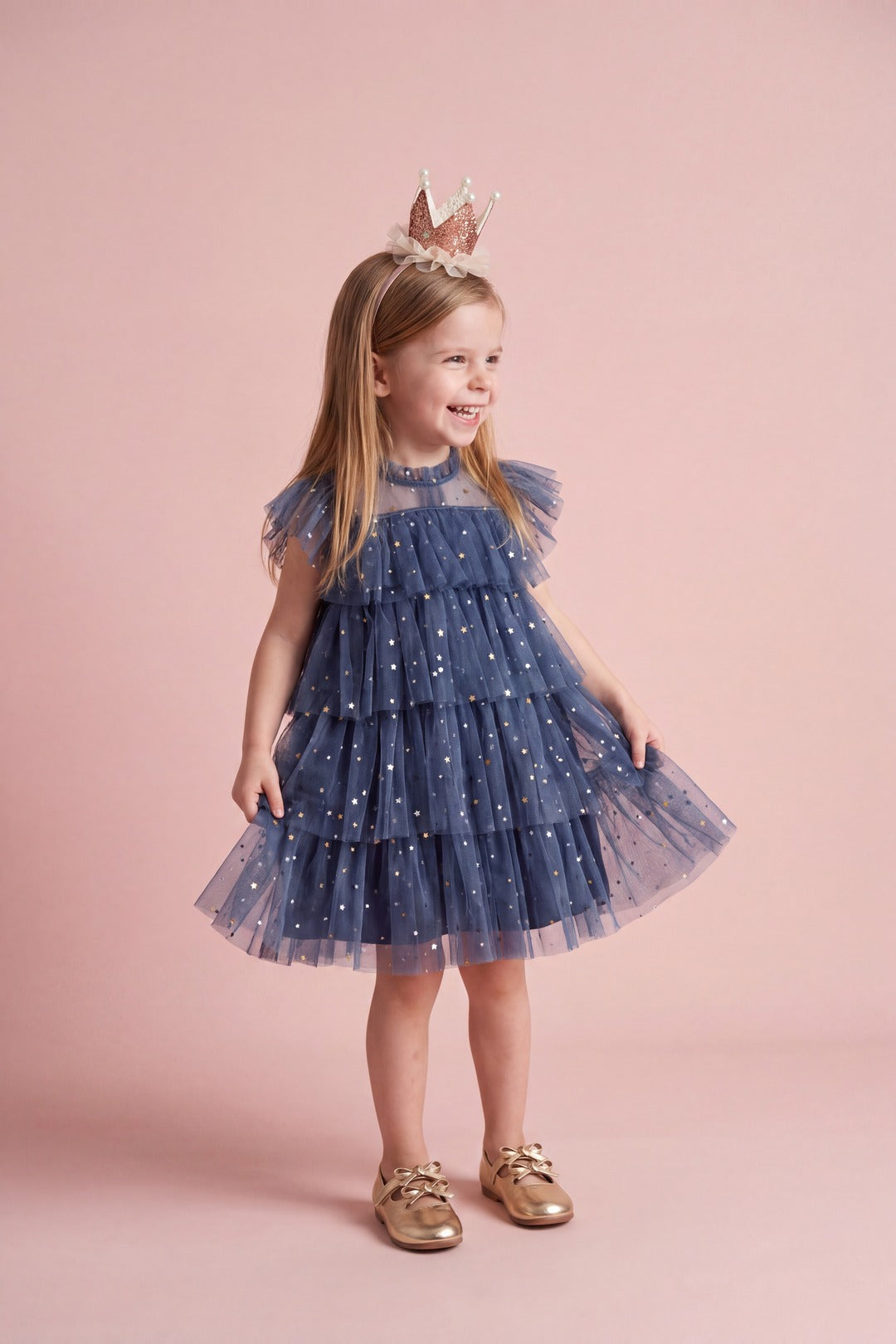 Celeste Dress in denim blue, three quarter twirl