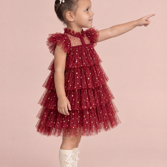 Celeste Wine Red Flower Girl Dress, side view, pointing at something ahead