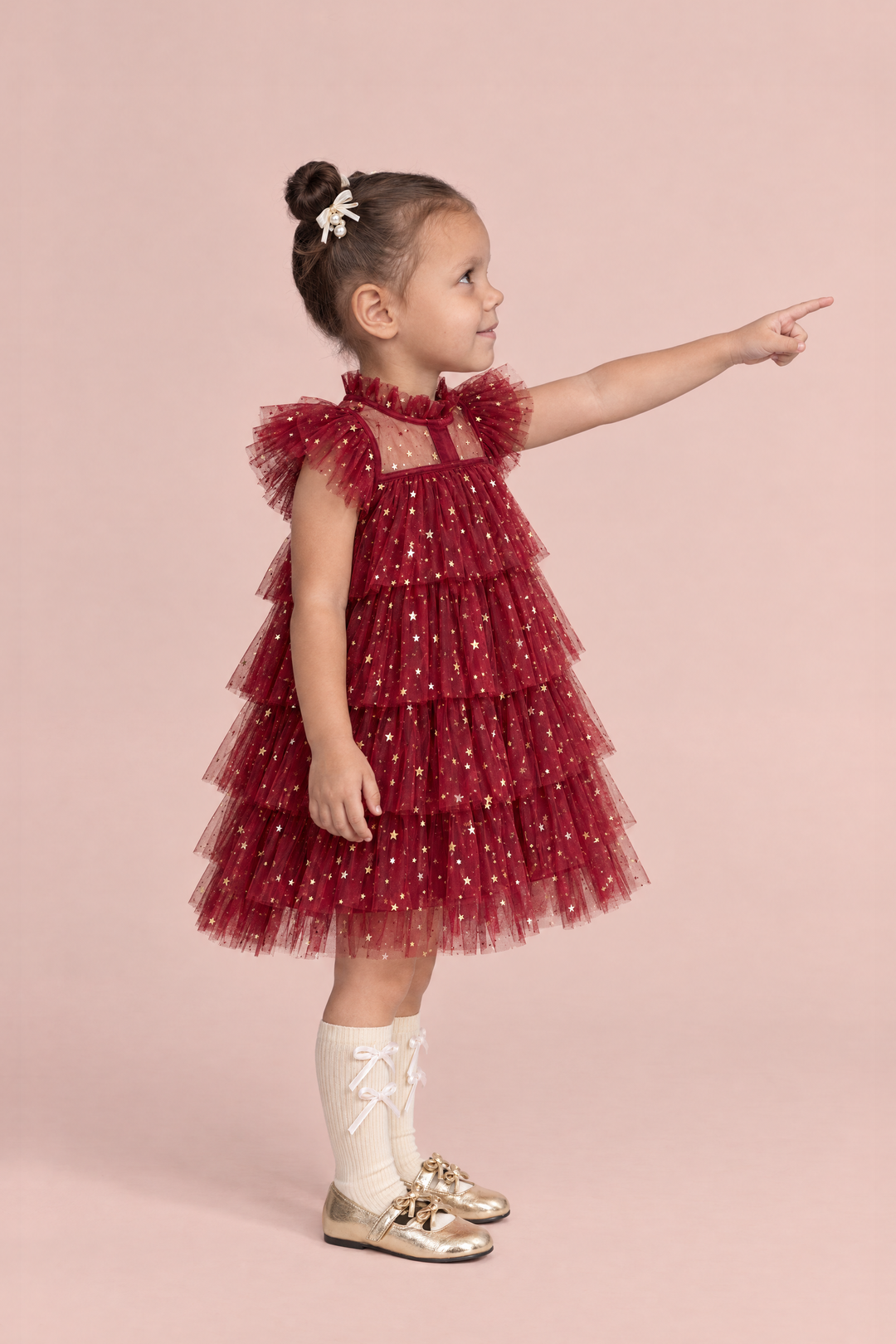 Celeste Wine Red Flower Girl Dress, side view, pointing at something ahead