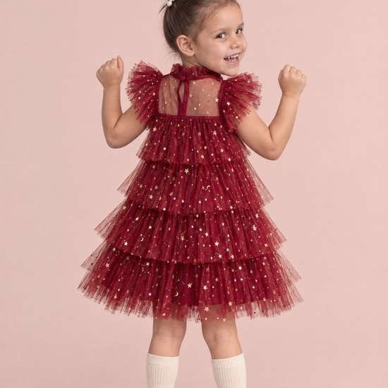 Celeste Wine Red Flower Girl Dress, back view with the keyhole button at the collar, cheering over her shoulder