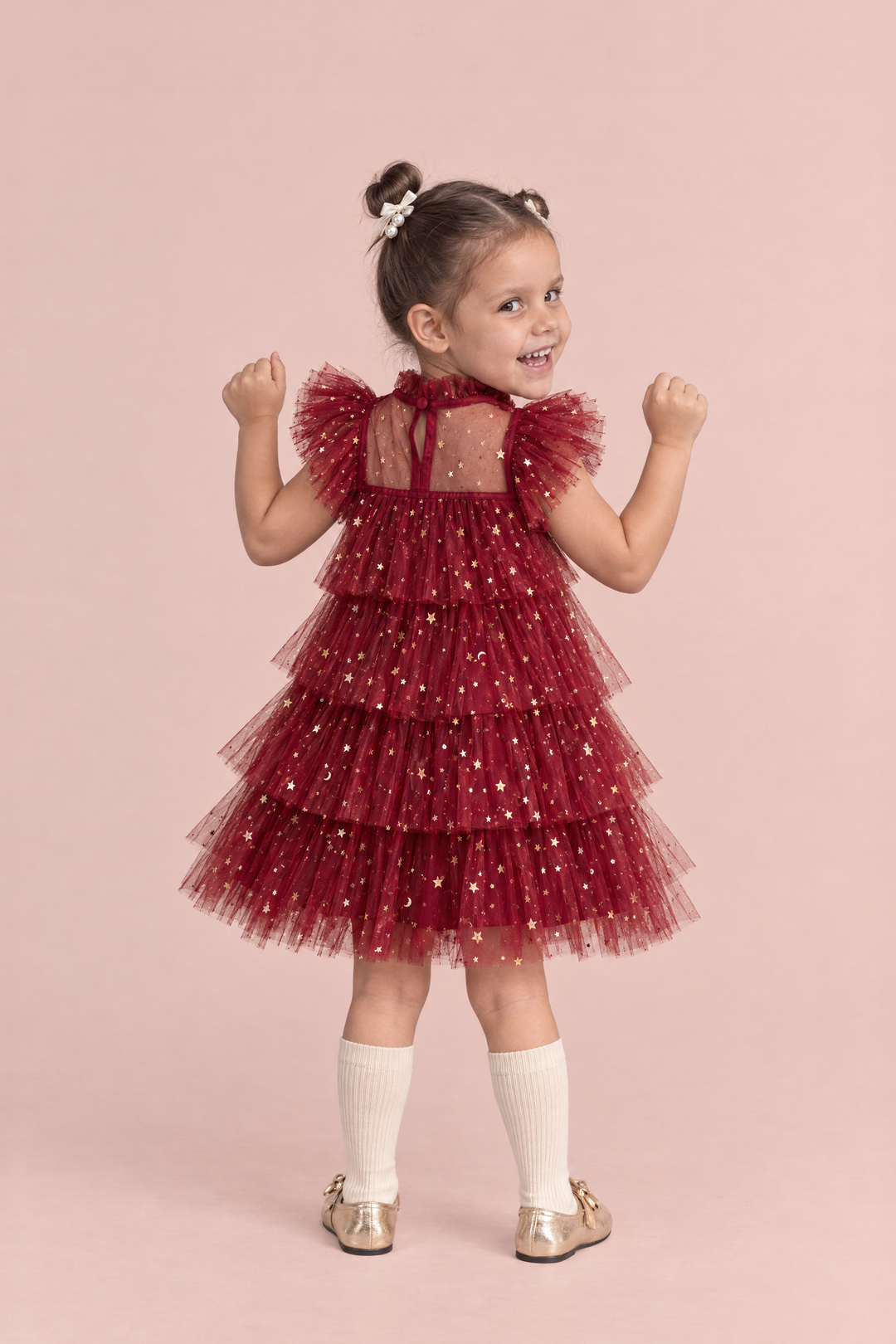 Celeste Wine Red Flower Girl Dress, back view with the keyhole button at the collar, cheering over her shoulder