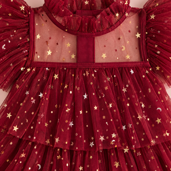 Celeste Wine Red Flower Girl Dress, close up of the frilled collar, sheer star tulle yoke and flutter sleeves