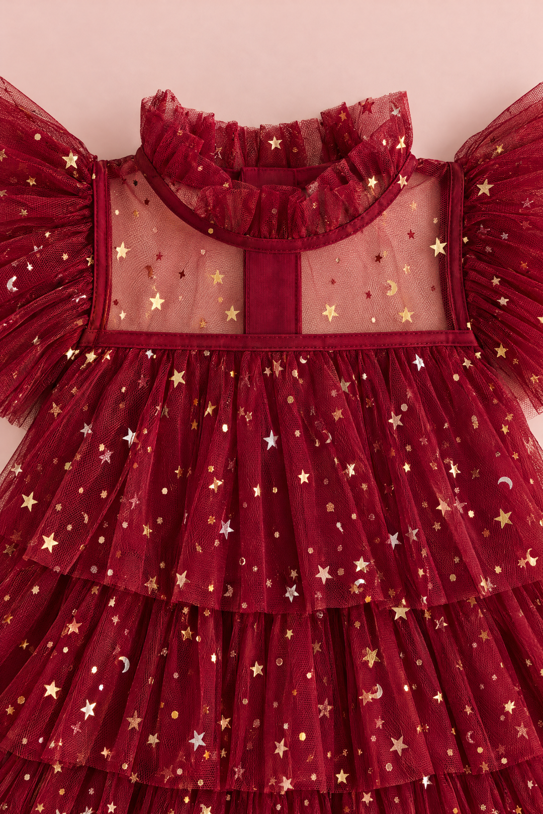 Celeste Wine Red Flower Girl Dress, close up of the frilled collar, sheer star tulle yoke and flutter sleeves