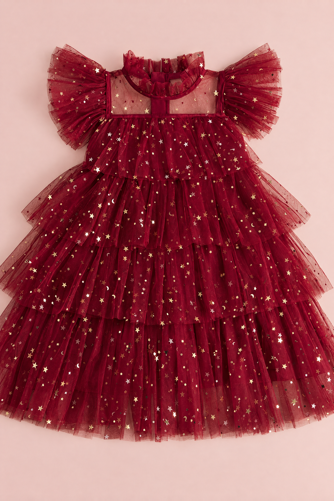 Celeste Wine Red Flower Girl Dress laid flat, showing the collar, sleeves and four tiers of star tulle