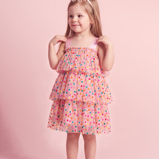 Confetti Dot Dress in pink, three quarter