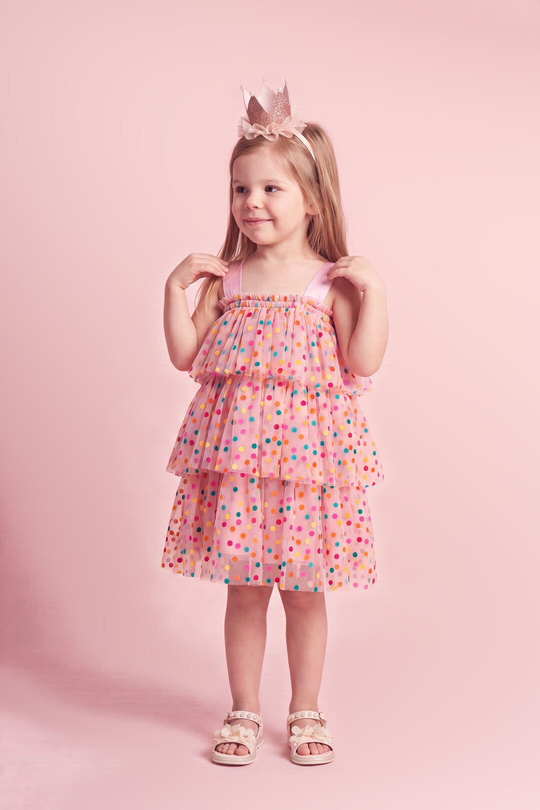Confetti Dot Dress in pink, three quarter