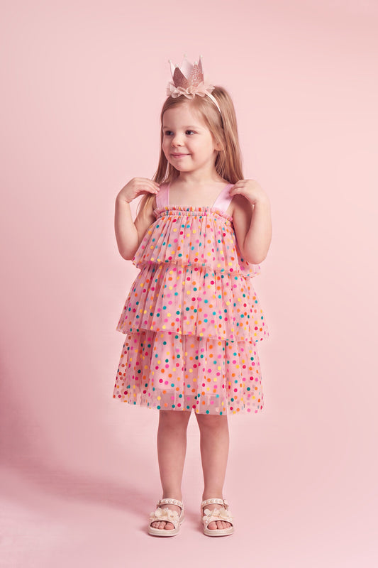 Confetti Dot Dress in pink, three quarter