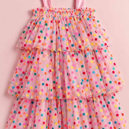 Confetti Dot Pink Smocked Dress laid flat, shirred top, satin straps and three tiers