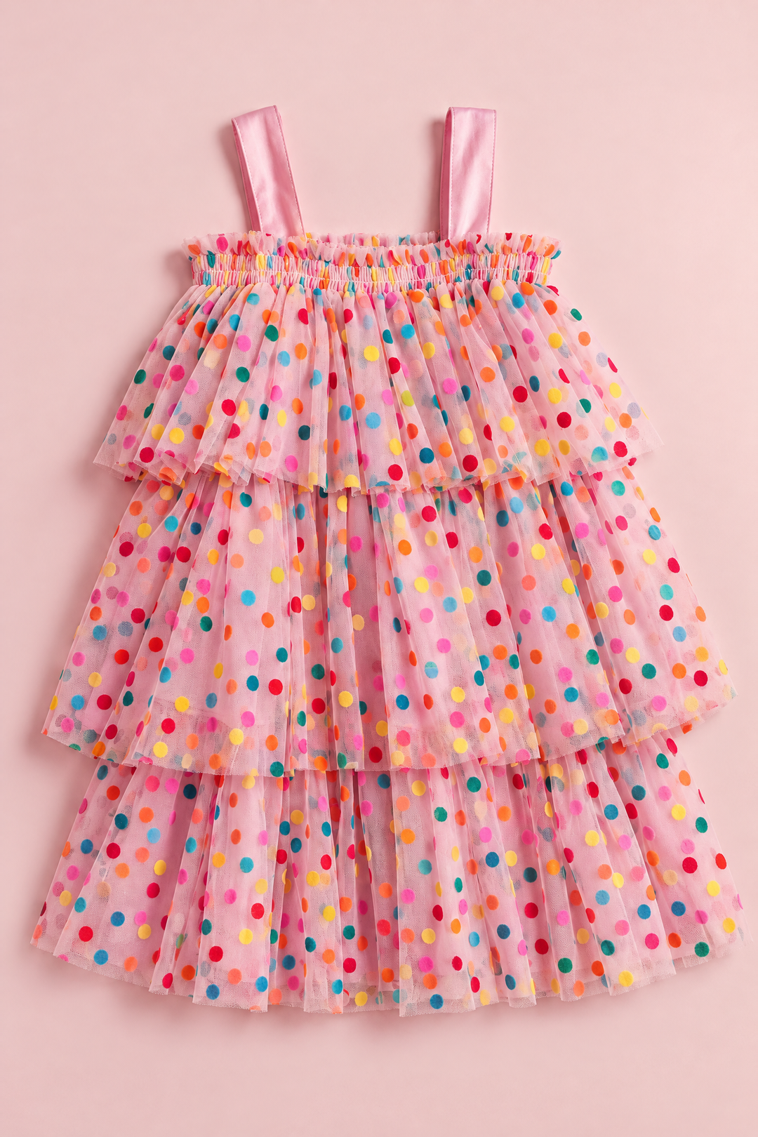 Confetti Dot Pink Smocked Dress laid flat, shirred top, satin straps and three tiers