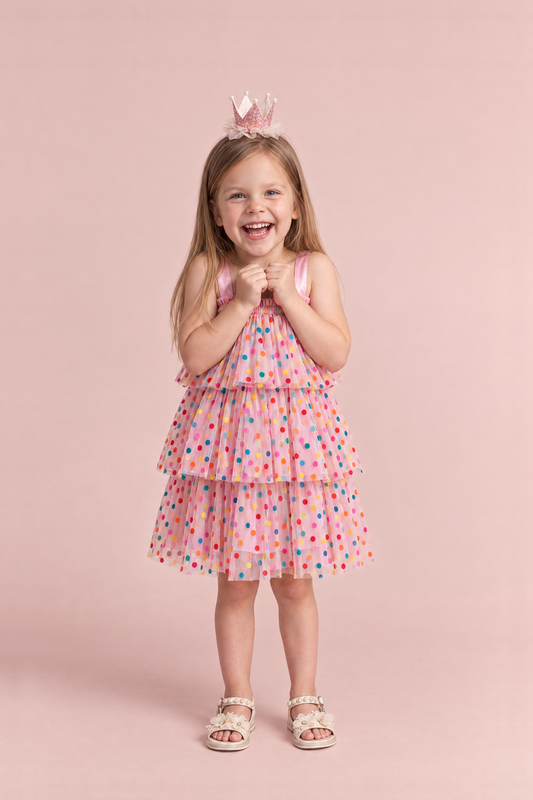 Girl wearing the Confetti Dot Pink Smocked Dress, front