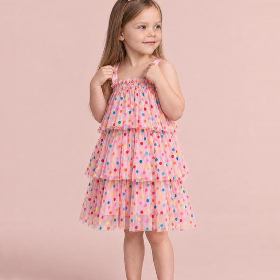 Confetti Dot Pink Smocked Dress, three quarter