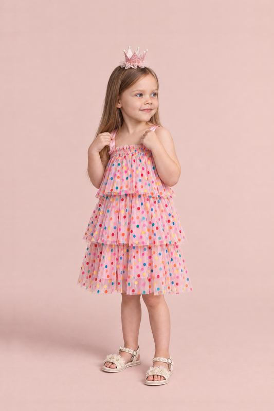 Confetti Dot Pink Smocked Dress, three quarter