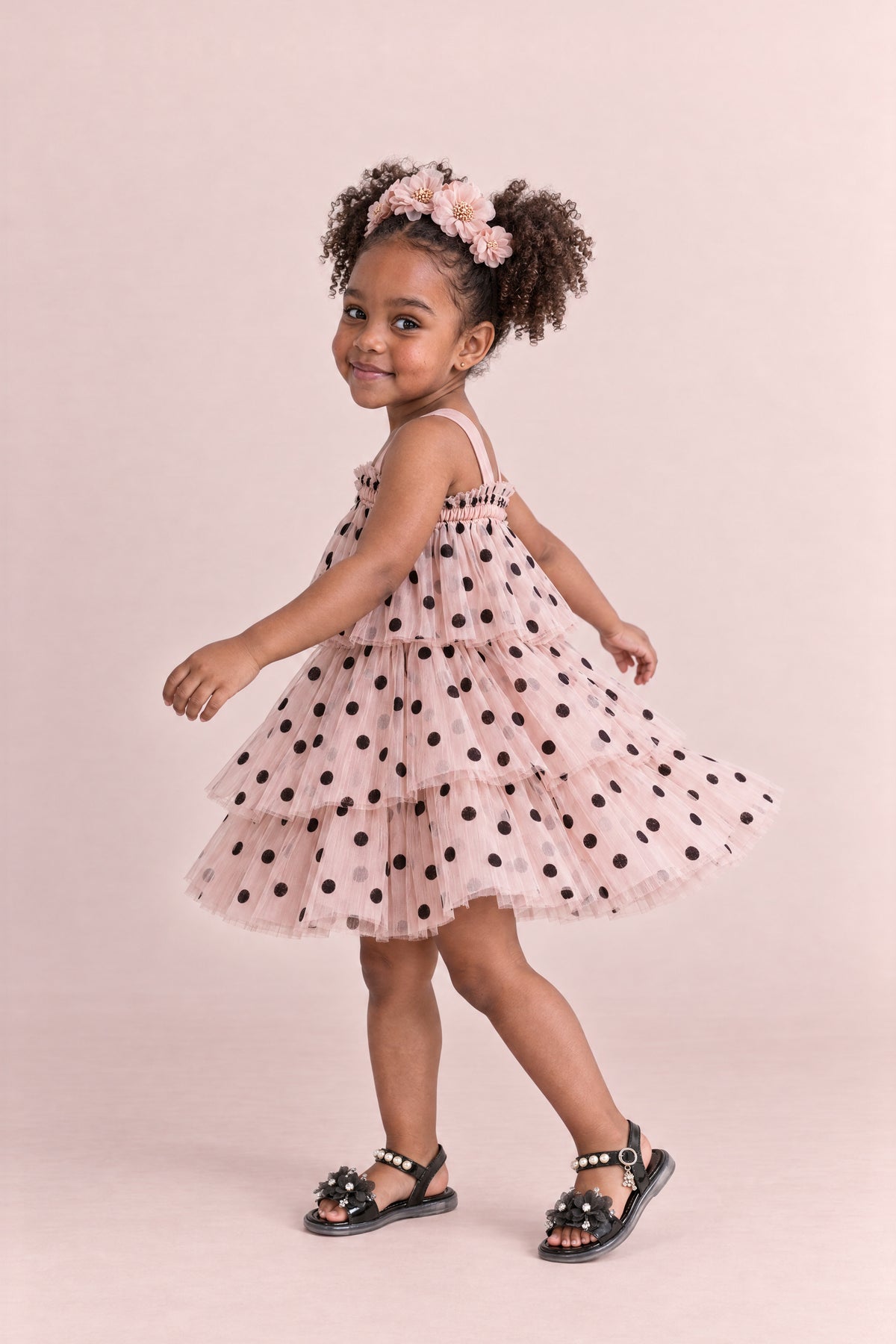 Confetti Dot Blush Polka Dot Dress, side, mid twirl