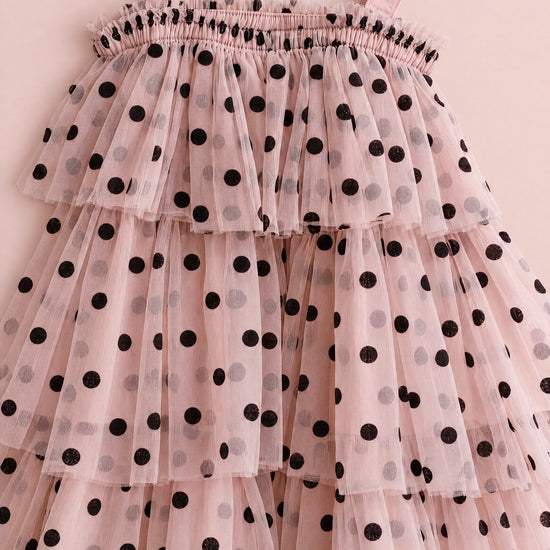 Confetti Dot Blush Polka Dot Dress shirred top, straps and black flocked polka dot tulle, flat lay