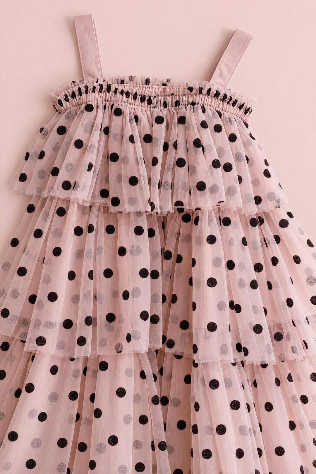 Confetti Dot Blush Polka Dot Dress shirred top, straps and black flocked polka dot tulle, flat lay
