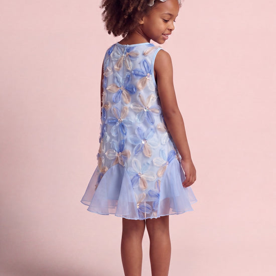 Cornflower Dress in pale blue applique flower mesh, back