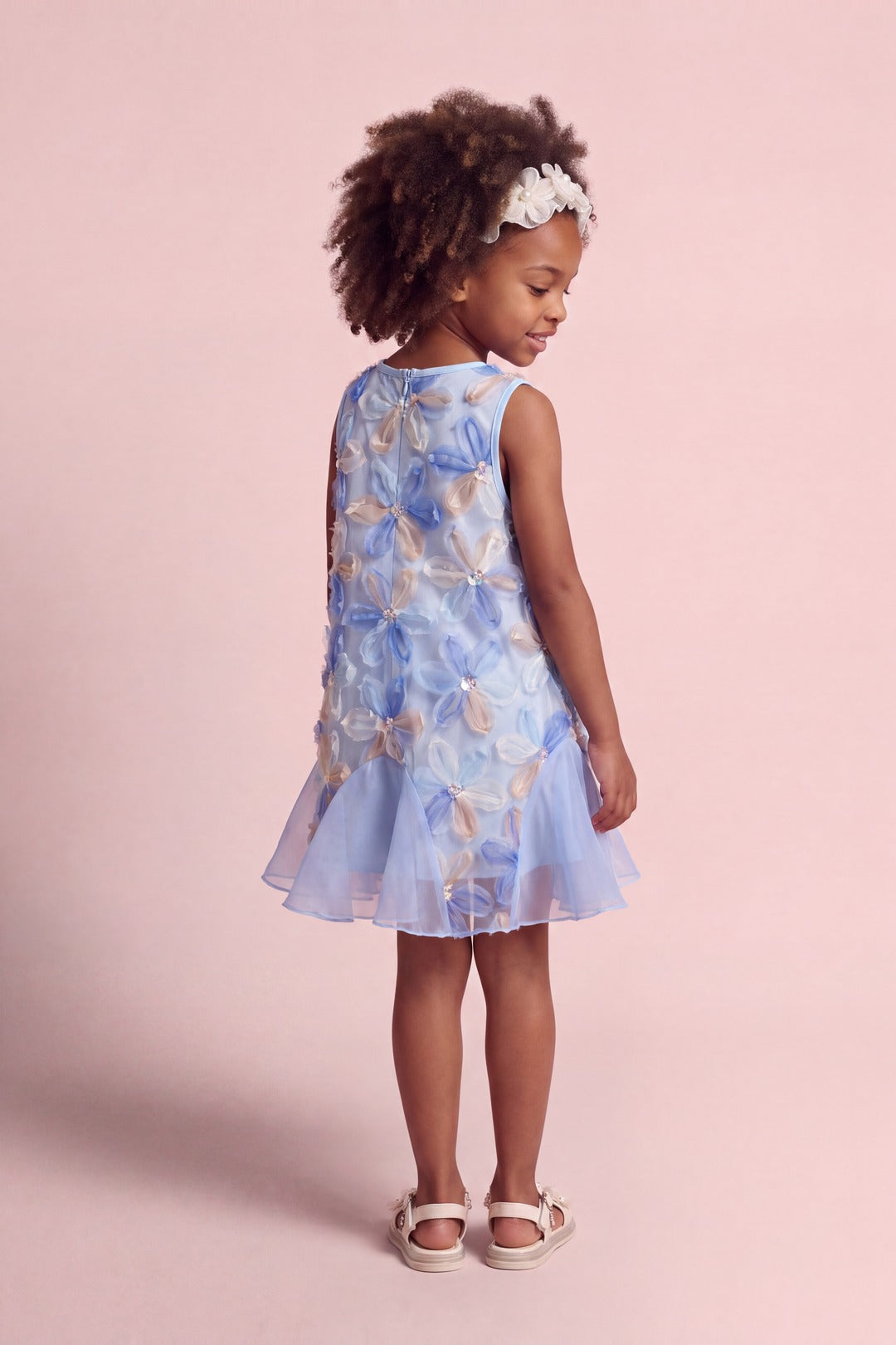 Cornflower Dress in pale blue applique flower mesh, back