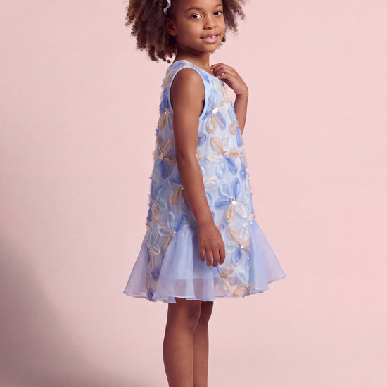 Cornflower Dress in pale blue applique flower mesh, three quarter