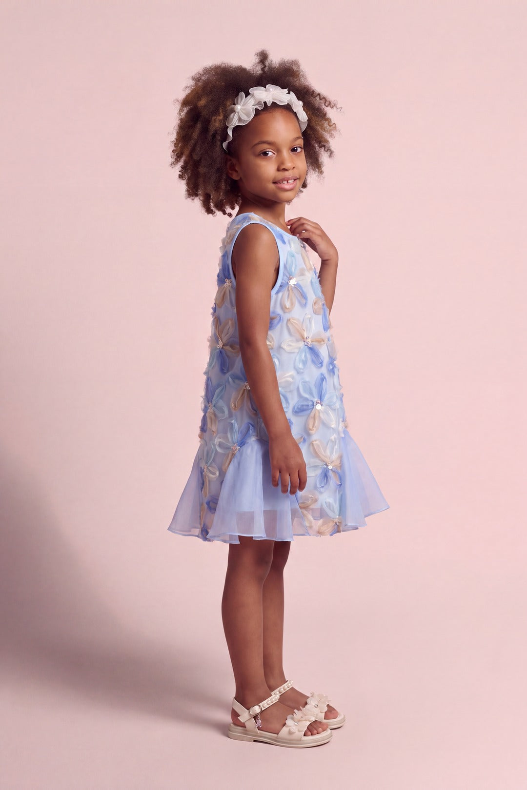 Cornflower Dress in pale blue applique flower mesh, three quarter