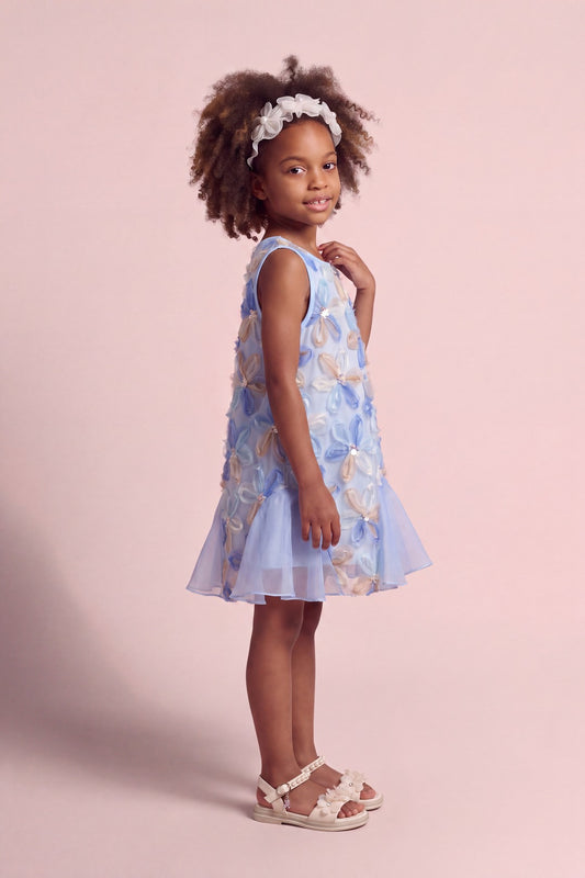 Cornflower Dress in pale blue applique flower mesh, three quarter