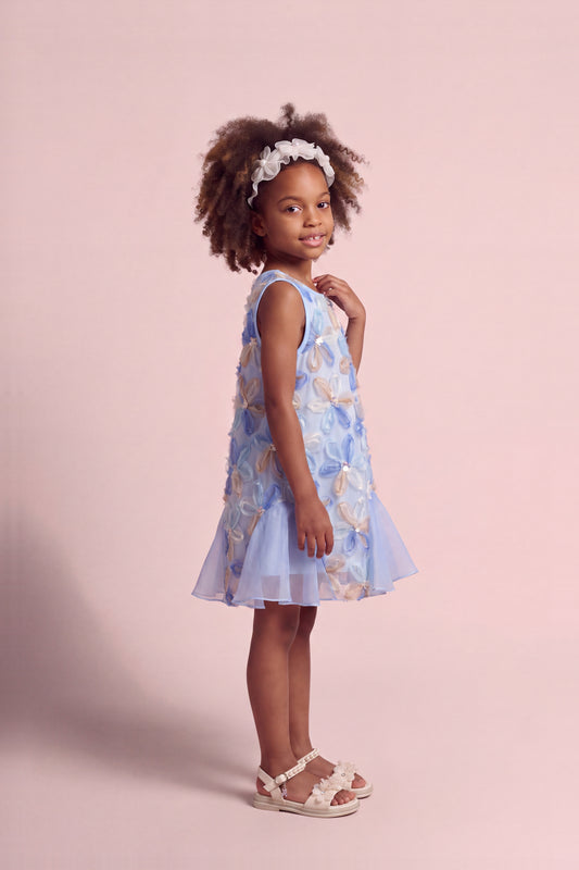 Cornflower Blue Applique Flower Dress, three quarter