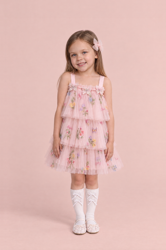 Girl wearing the Flutter Blush Butterfly Flower Girl Dress, front