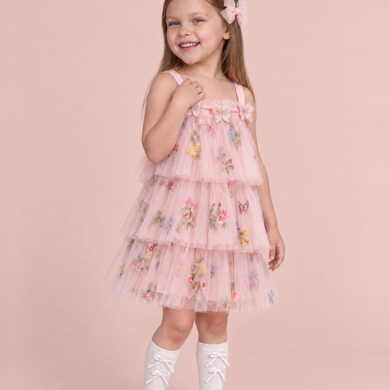 Flutter Blush Butterfly Flower Girl Dress, three quarter, organza butterflies and tiers