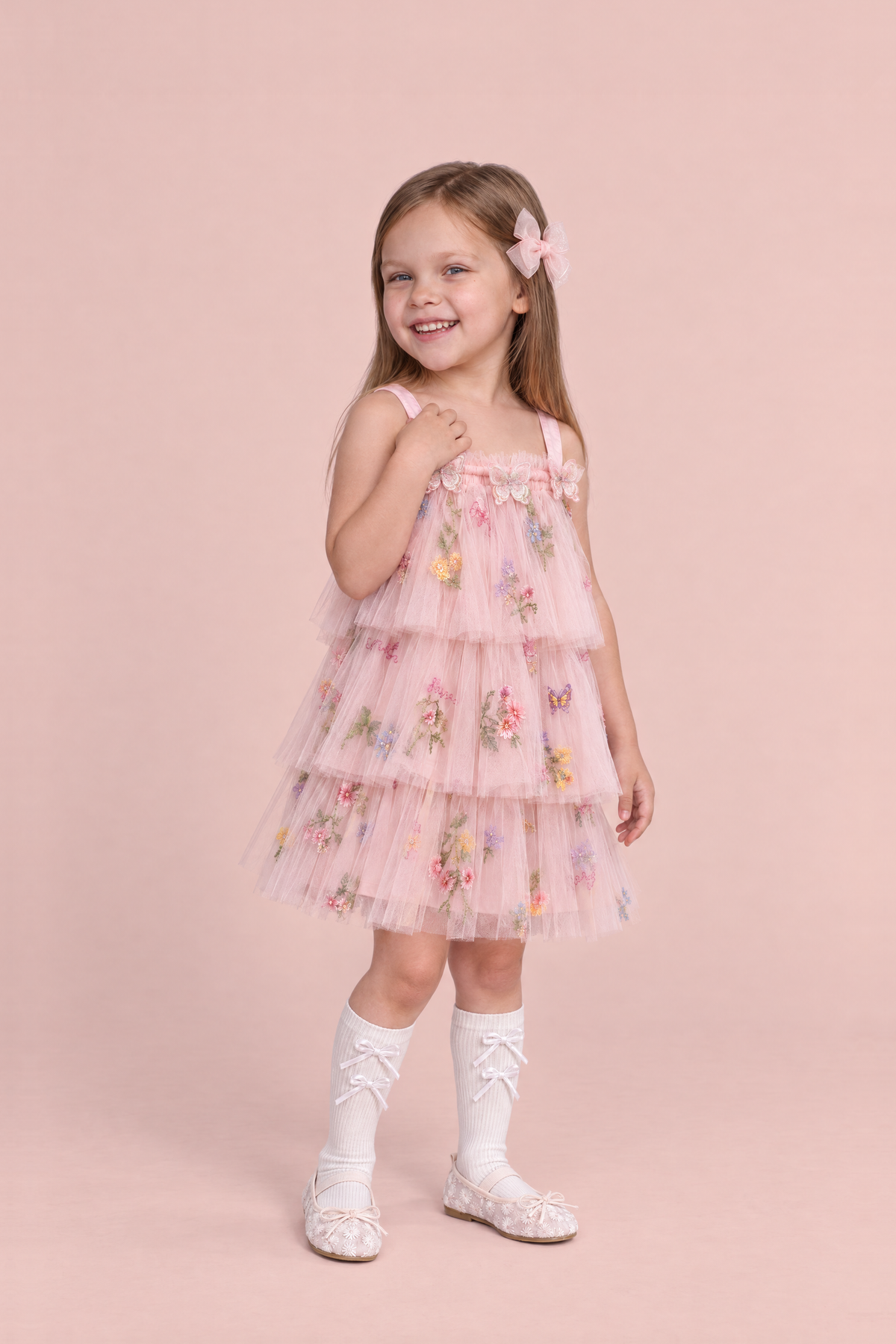 Flutter Blush Butterfly Flower Girl Dress, three quarter, organza butterflies and tiers
