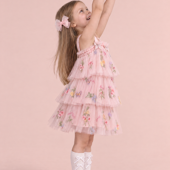 Flutter Blush Butterfly Flower Girl Dress, side, stretching up