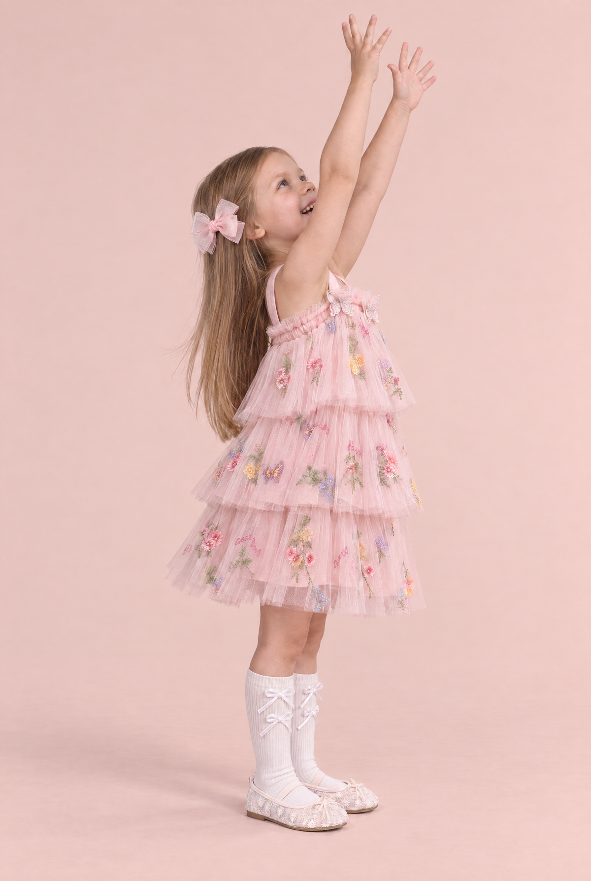 Flutter Blush Butterfly Flower Girl Dress, side, stretching up