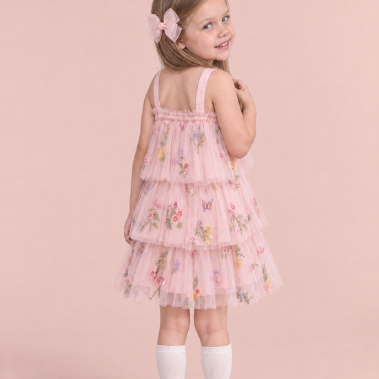 Flutter Blush Butterfly Flower Girl Dress, back, plain frilled edge and straps