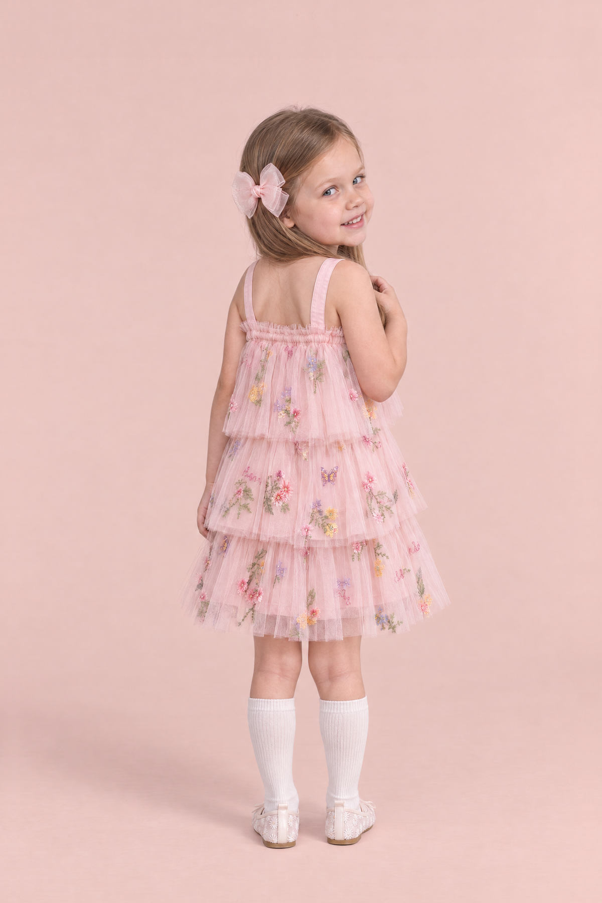 Flutter Blush Butterfly Flower Girl Dress, back, plain frilled edge and straps