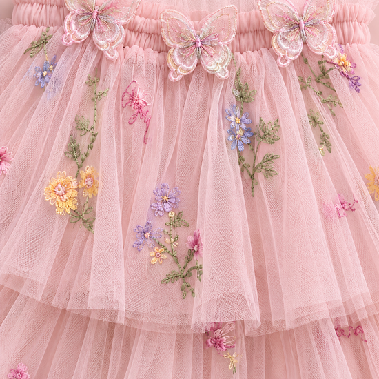 Flutter Blush Butterfly Flower Girl Dress, organza butterflies, frilled edge and embroidery, close up