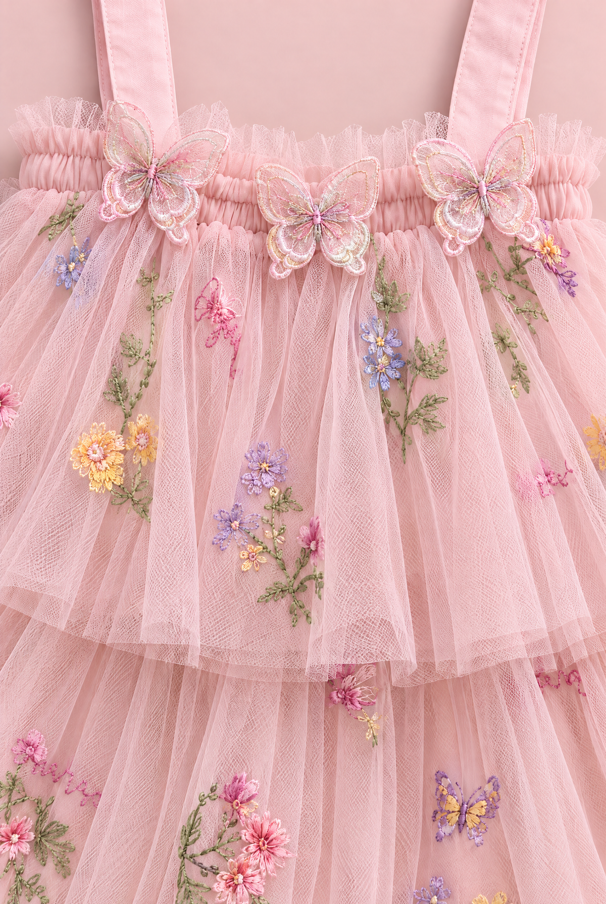 Flutter Blush Butterfly Flower Girl Dress, organza butterflies, frilled edge and embroidery, close up