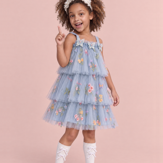 Flutter Dusty Blue Butterfly Flower Girl Dress, three quarter, organza butterflies and tiers