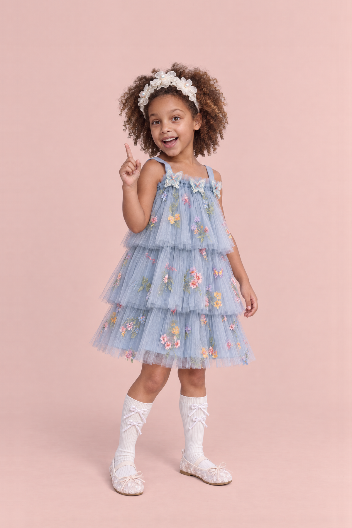 Flutter Dusty Blue Butterfly Flower Girl Dress, three quarter, organza butterflies and tiers