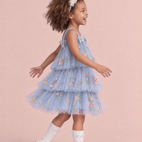 Flutter Dusty Blue Butterfly Flower Girl Dress, side, a spin starting