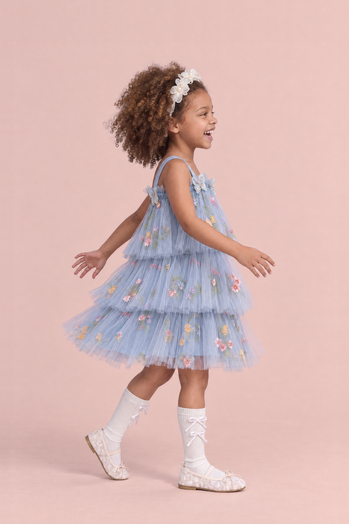 Flutter Dusty Blue Butterfly Flower Girl Dress, side, a spin starting