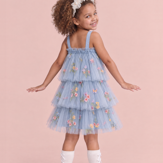 Flutter Dusty Blue Butterfly Flower Girl Dress, back, plain frilled edge and straps