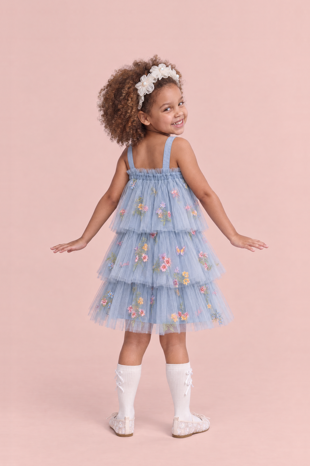 Flutter Dusty Blue Butterfly Flower Girl Dress, back, plain frilled edge and straps