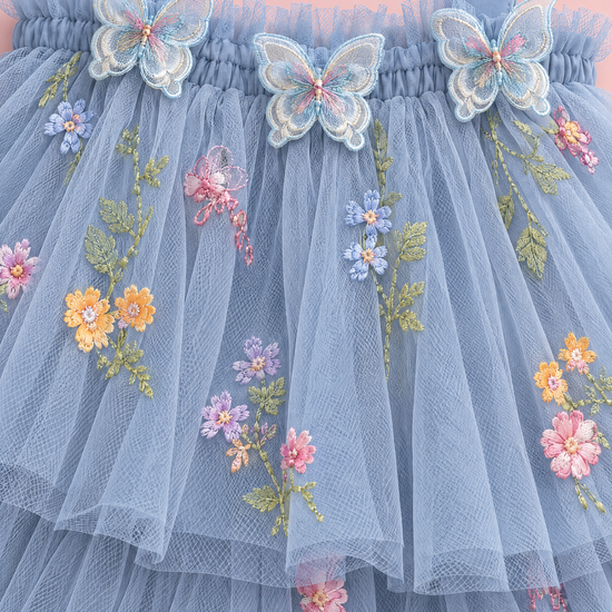 Flutter Dusty Blue Butterfly Flower Girl Dress, organza butterflies, frilled edge and embroidery, close up