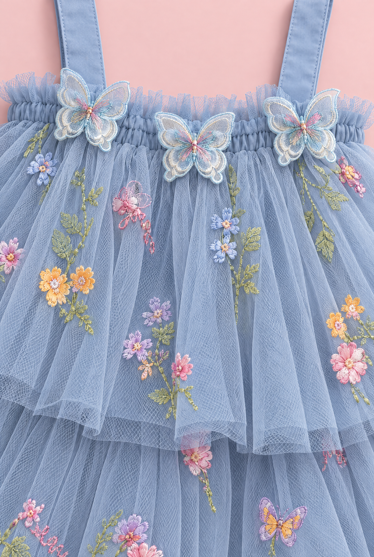 Flutter Dusty Blue Butterfly Flower Girl Dress, organza butterflies, frilled edge and embroidery, close up