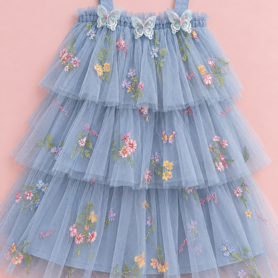 Flutter Dusty Blue Butterfly Flower Girl Dress, flat lay