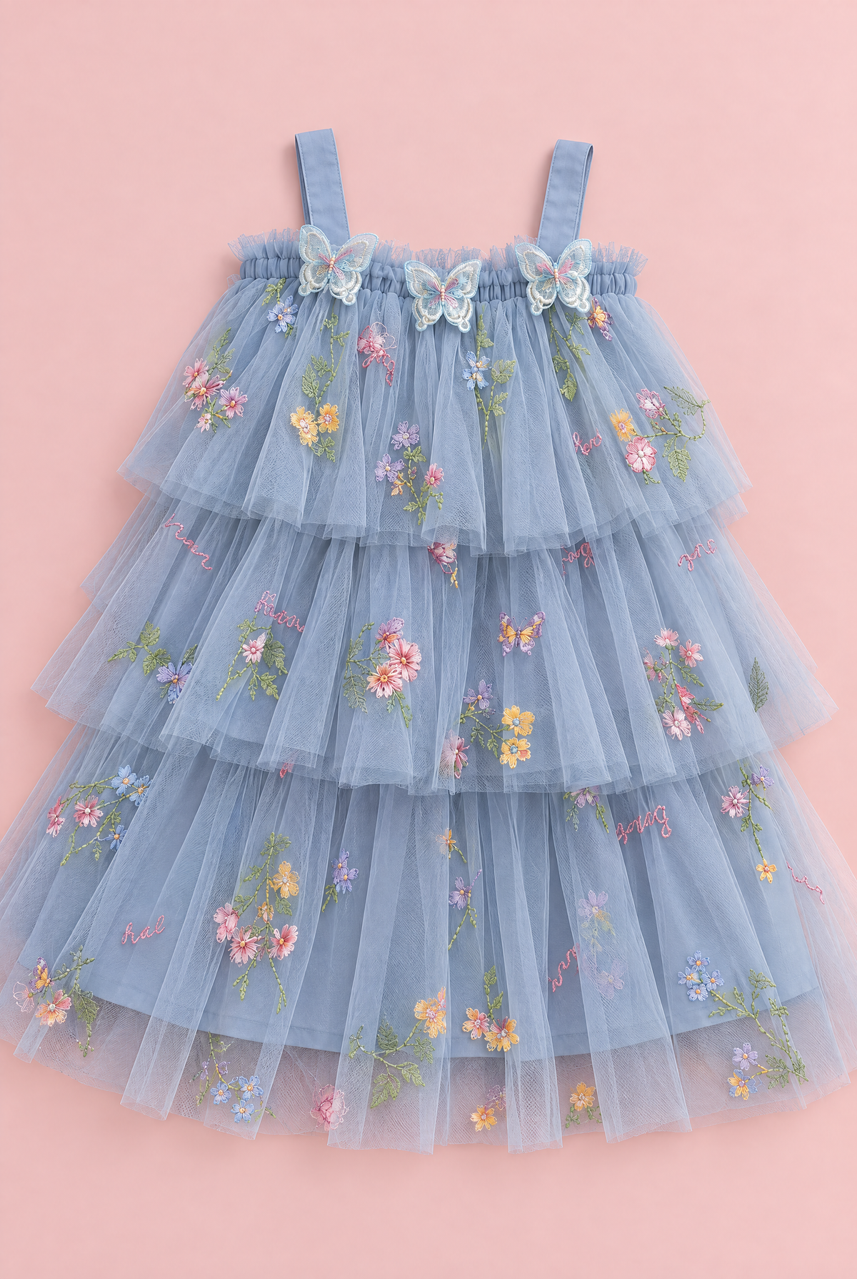 Flutter Dusty Blue Butterfly Flower Girl Dress, flat lay