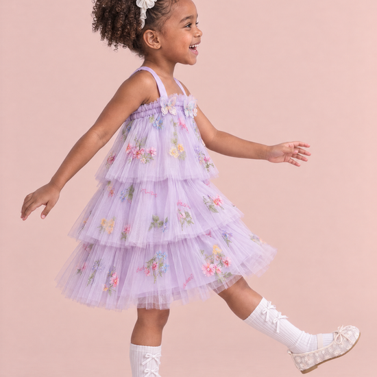 Flutter Lilac Butterfly Flower Girl Dress, side, a little kick