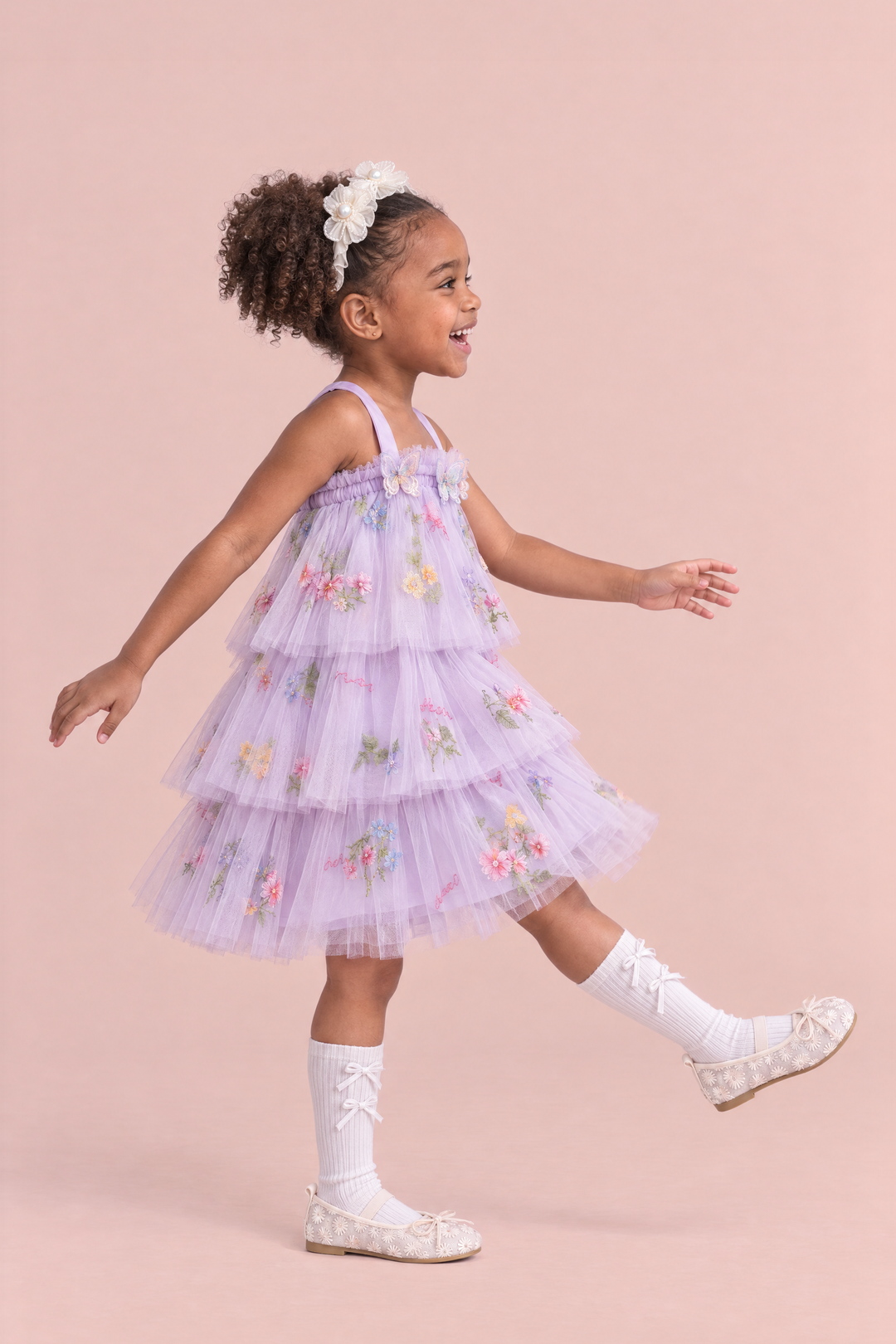 Flutter Lilac Butterfly Flower Girl Dress, side, a little kick